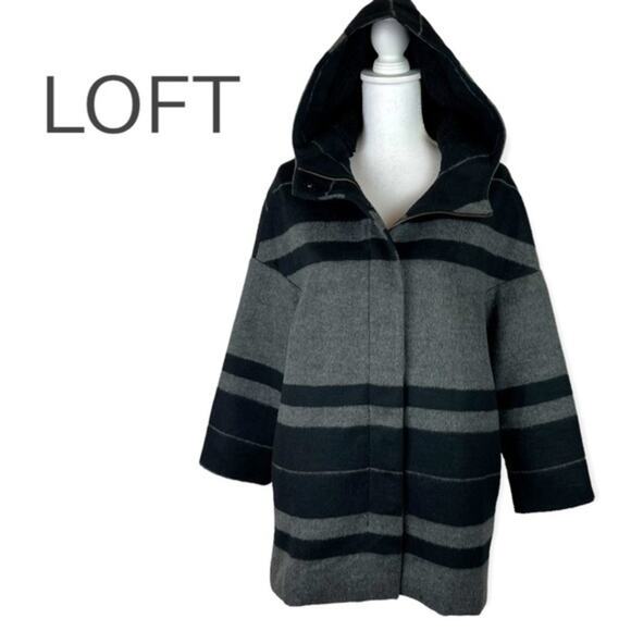 LOFT Black Gray Striped EuroGirl Y2K Academia Hooded Coat NWOT Size SP - Picture 2 of 12